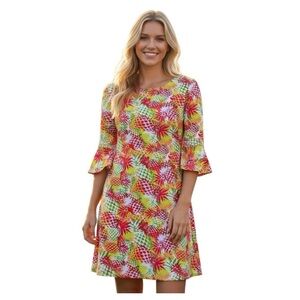 Pappagallo Resort Wear Tropical Pineapple-Print Bell-Sleeve Dress. Size Medium.
